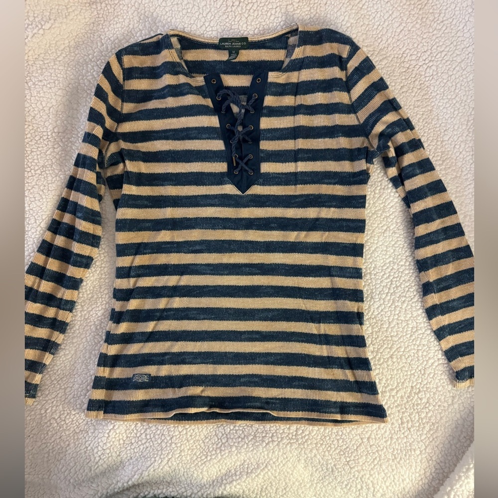 Ralph Lauren stripes navy beige with tie long sleeves top